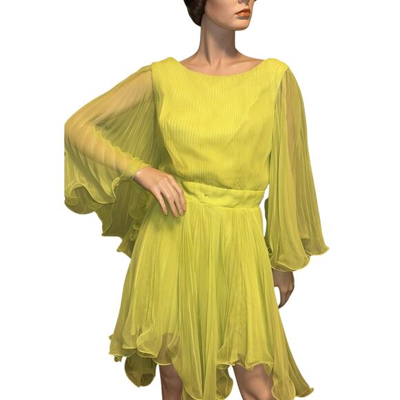 Vintage Miss Elliette Lime Chiffon Dress w/Matching Hat, Pleated Flutter Sleeve - Picture 2 of 10